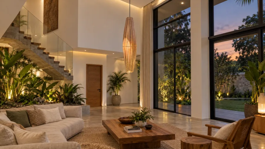 Sala de pé-direito duplo com cimento queimado, jardim interno e pendente fuso de bambu de 1,20 m