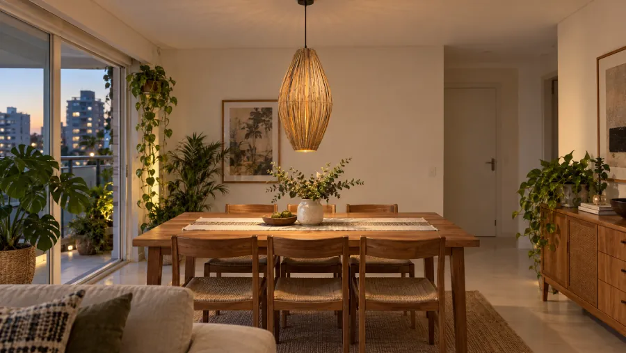 Mesa de jantar de apartamento com pendente balão de bambu aceso