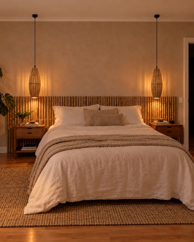 Quarto com cabeceira de bambu e dois pendentes balão de bambu ao lado da cama