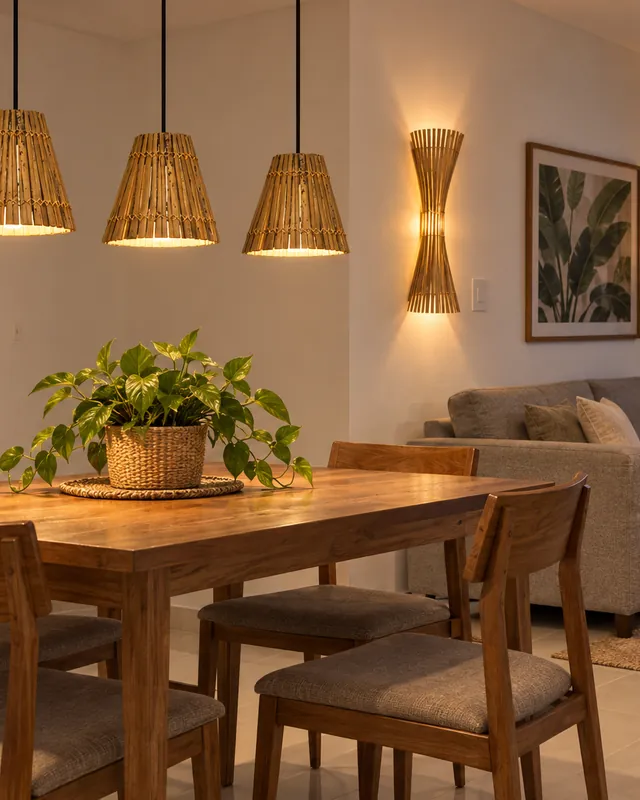 Apartamento de temporada com pendentes cone de bambu na mesa de jantar e arandela na parede