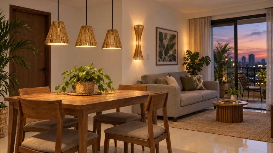 Apartamento de temporada com pendentes cone de bambu na mesa de jantar e arandela na parede