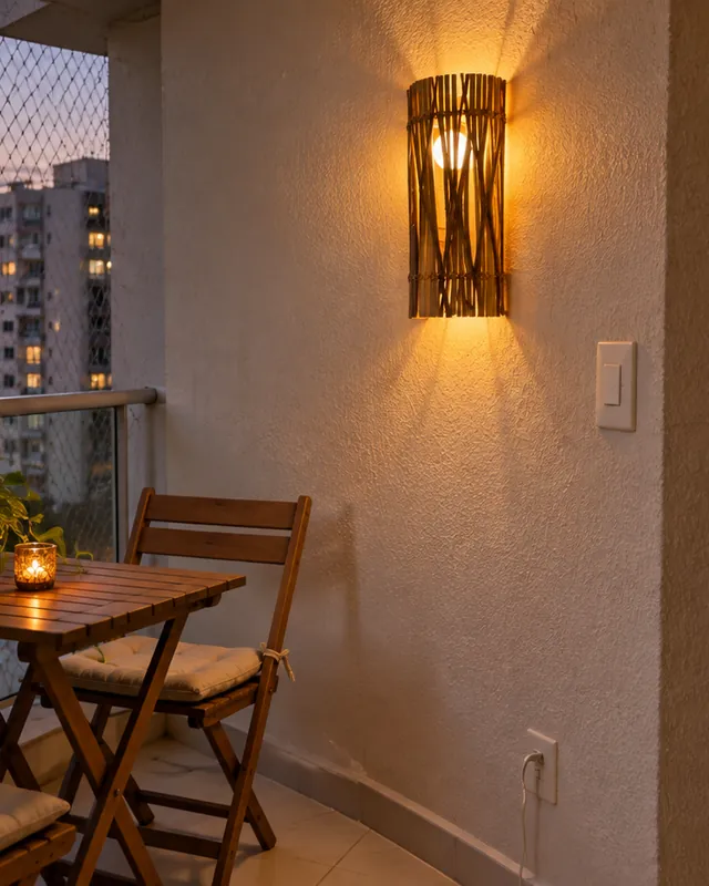 Varanda de apartamento com arandela de bambu acesa