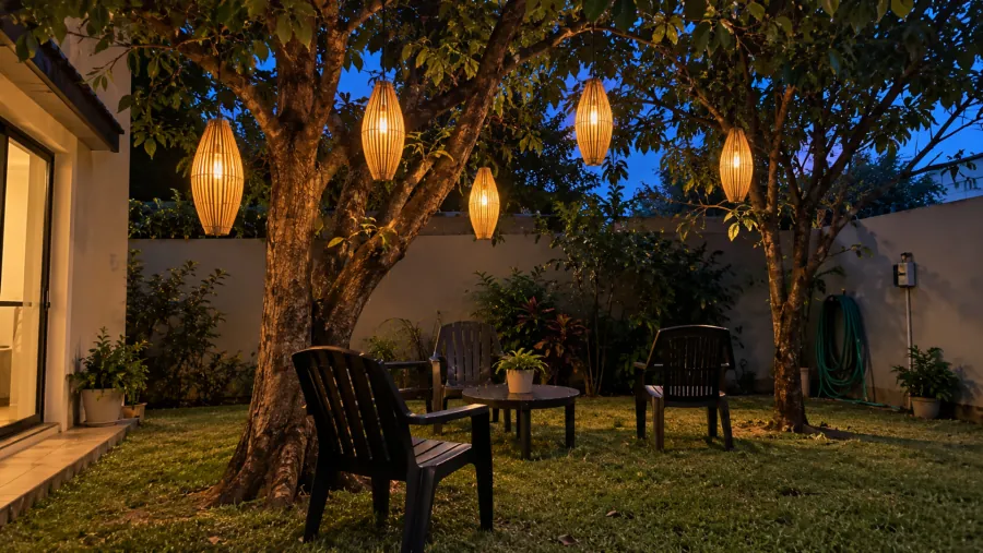 Jardim ao entardecer com balões de bambu pendurados nas árvores