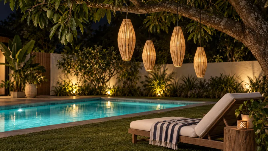 Piscina de casa com pendentes balão de bambu nas árvores