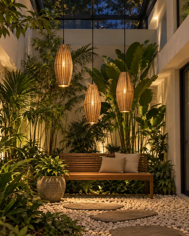Jardim de inverno com pedras, plantas e pendentes balão gota de bambu