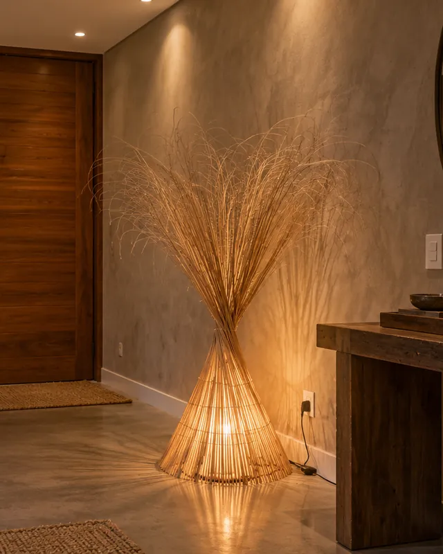 Hall de entrada com luminária de chão de fibra natural