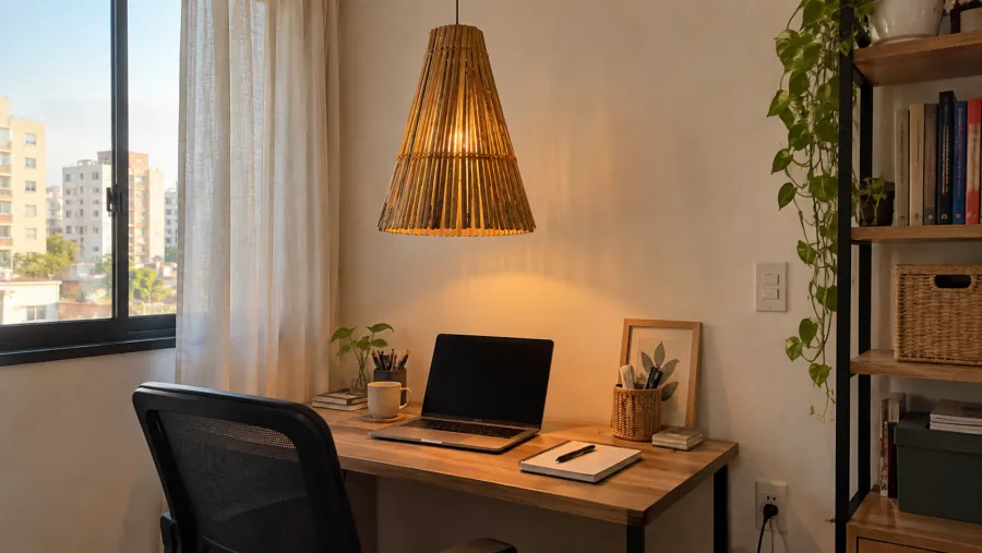 Home office com pendente cone alto de bambu sobre a mesa