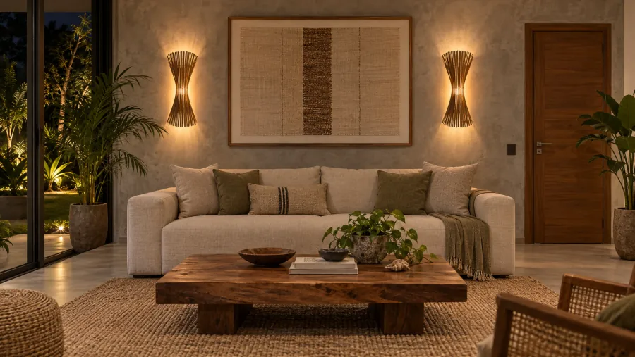 Sala de estar com duas arandelas ampulheta de bambu na parede