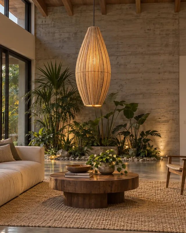 Sala de pé-direito alto com pendente balão gigante de bambu sobre a mesa de centro