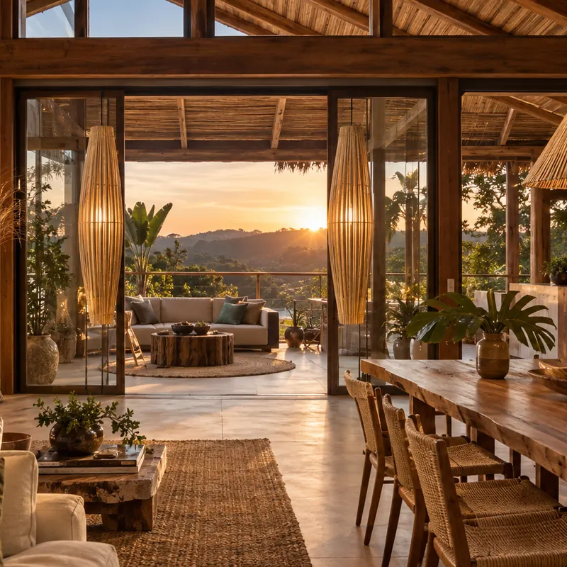 Casa de campo: sala, varanda e quincho — ambiente com luminárias de bambu
