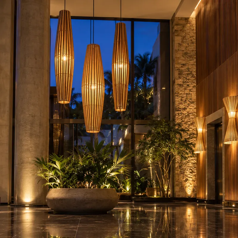 Hall de edifício residencial com fusos de bambu — ambiente com luminárias de bambu