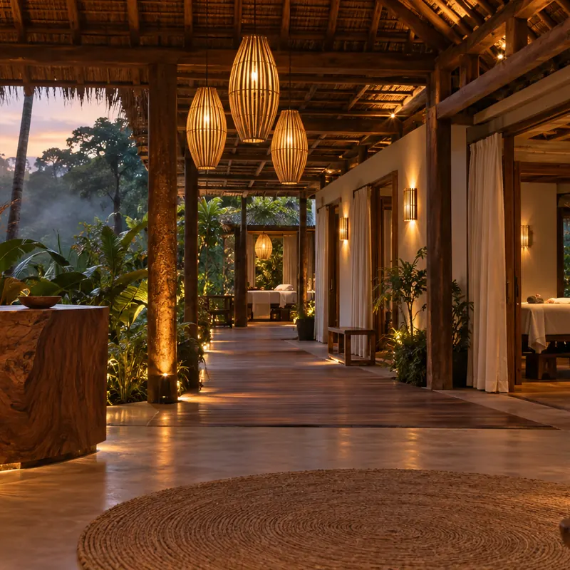 Pousada com spa: recepção, salas de massagem e deck — ambiente com luminárias de bambu