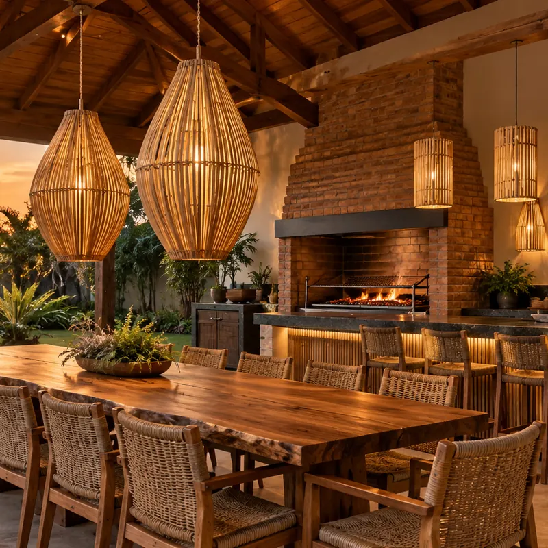 Quincho e área gourmet coberta — ambiente com luminárias de bambu