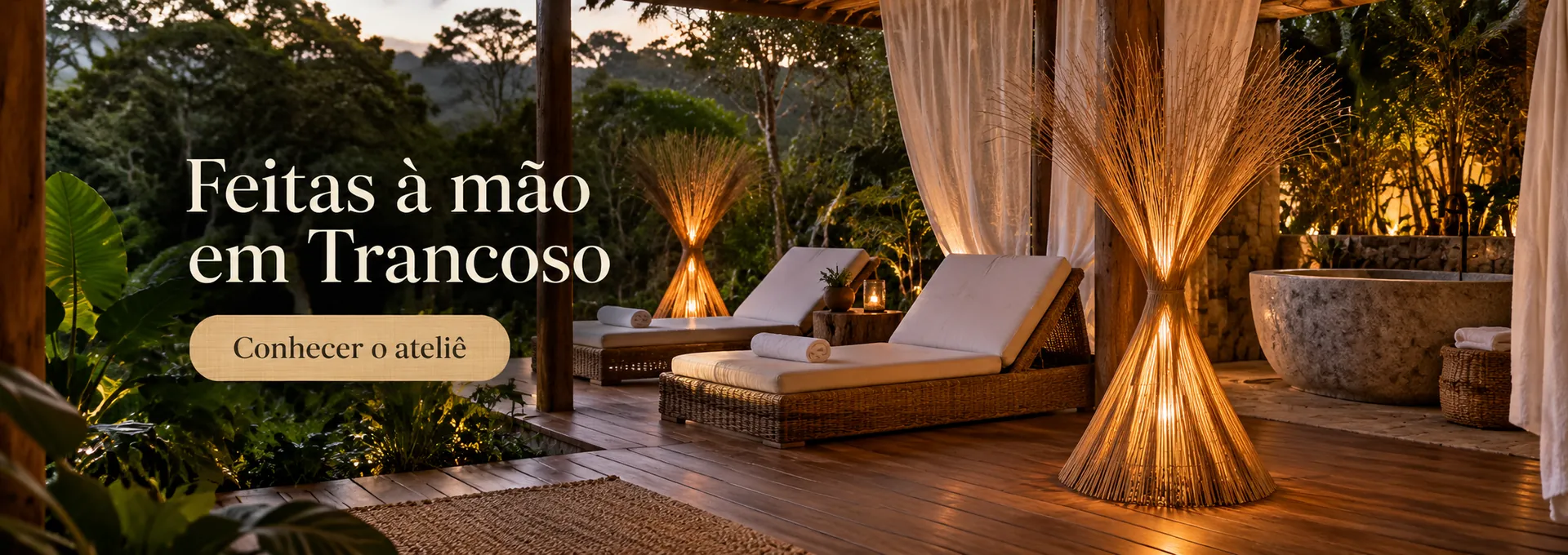 Feitas à mão em Trancoso — spa de pousada com luminárias de fibra natural. Conhecer o ateliê