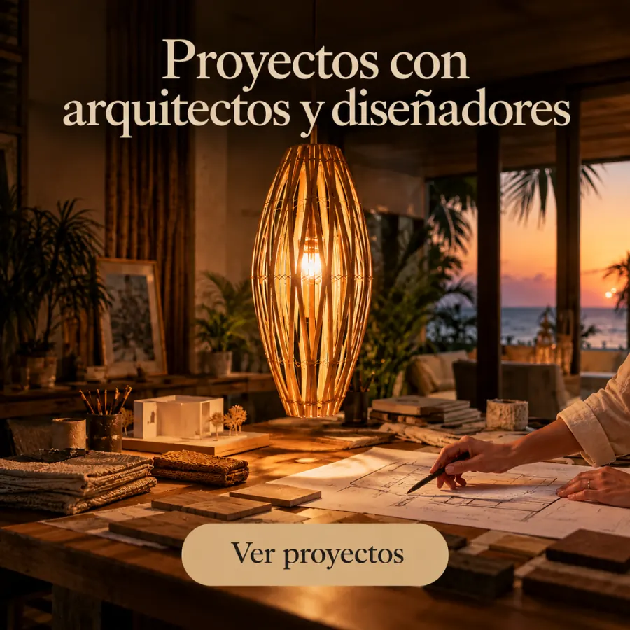 Proyectos con arquitectos y diseñadores — colgante de bambú sobre la mesa de proyecto. Ver proyectos