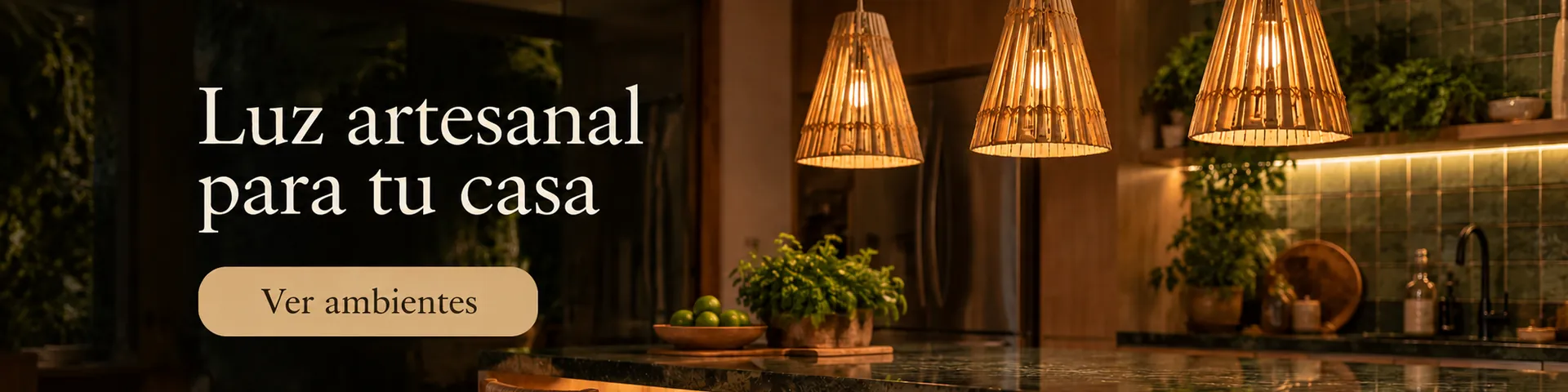Luz artesanal para tu casa — cocina con colgantes cono de bambú. Ver ambientes