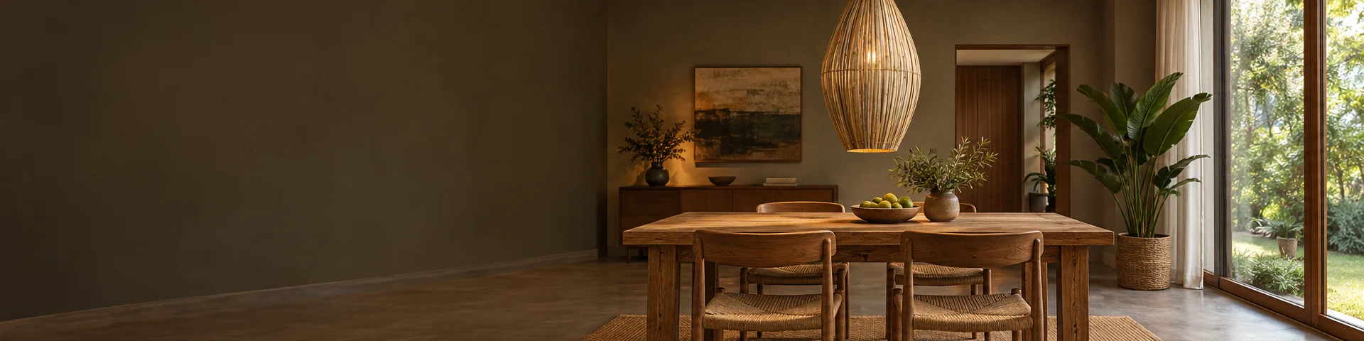 Sala de jantar com um pendente de bambu pendurado a 75 cm do tampo da mesa