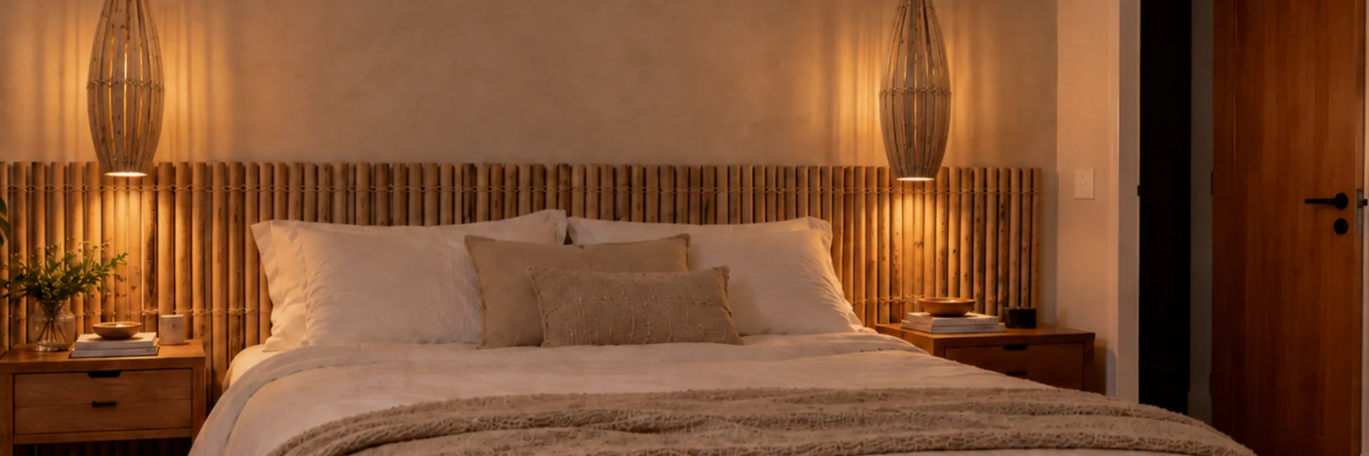 Quarto com cabeceira de bambu e dois pendentes balão de bambu ao lado da cama