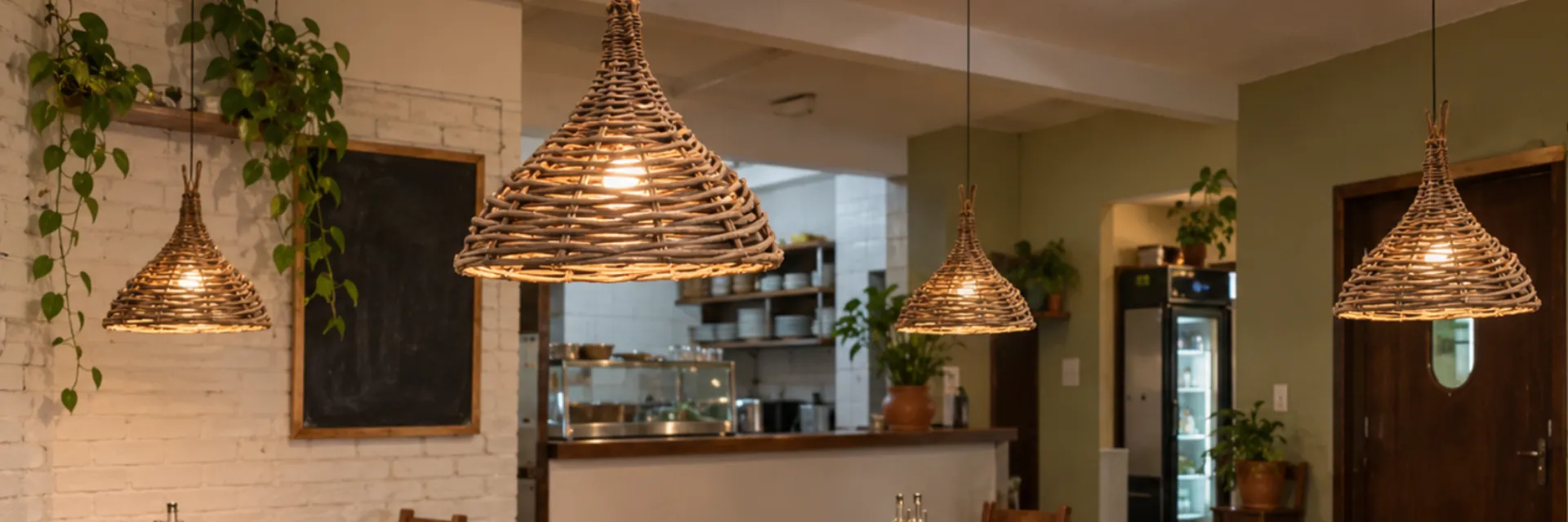 Restaurante de bairro com pendentes de cipó trançado sobre as mesas