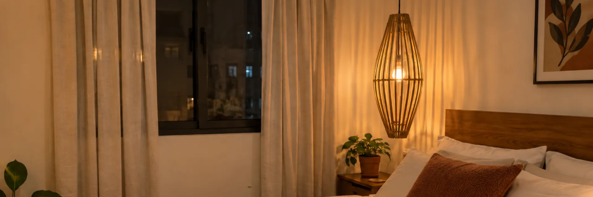 Quarto de apartamento de temporada com pendente balão vazado e arandela de bambu