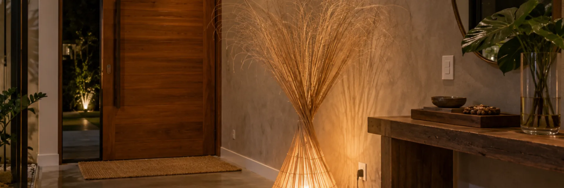Hall de entrada com luminária de chão de fibra natural