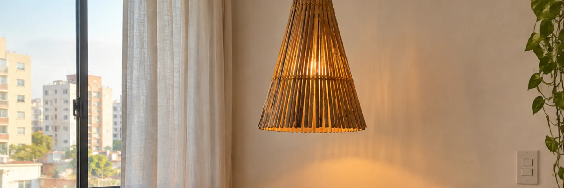 Home office com pendente cone alto de bambu sobre a mesa