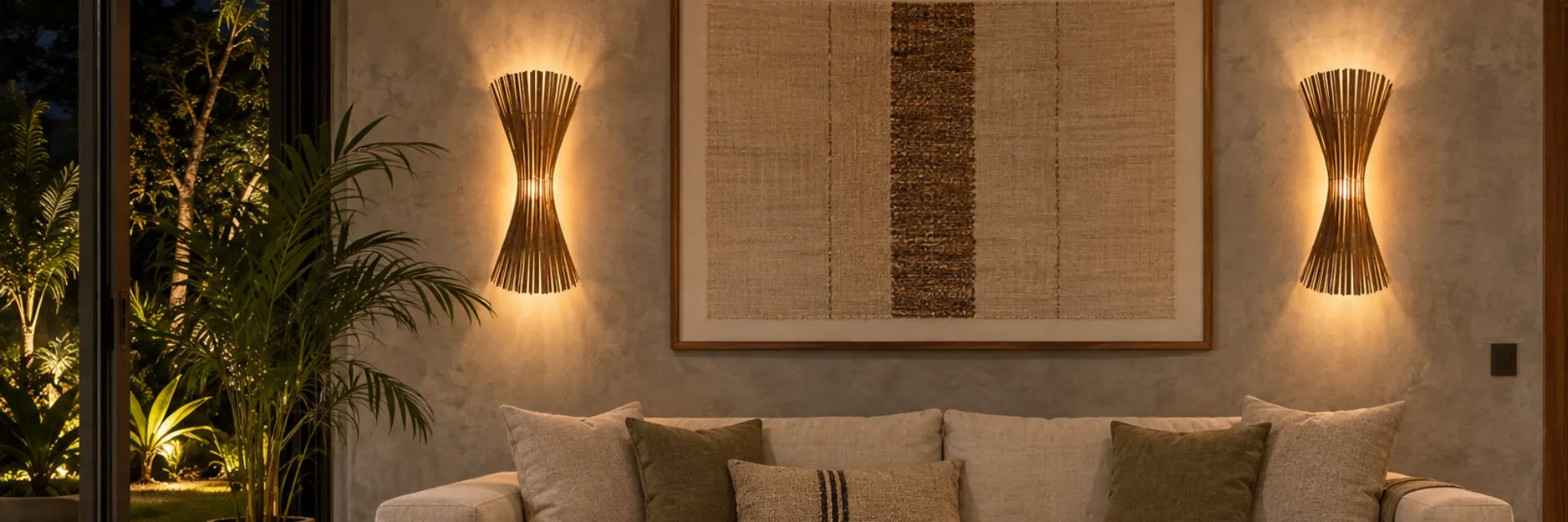 Sala de estar com duas arandelas ampulheta de bambu na parede